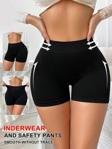 1pc Women's Seamless High Waist Solid Color Briefs - Black - View 4