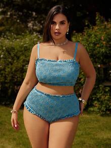 Swim Vcay 大码印花可拆卸肩带荷叶边抹胸式背心上衣和高腰荷叶边三角泳裤性感简约时尚沙滩度假女士泳装套装 - 彩色 - 查看 1