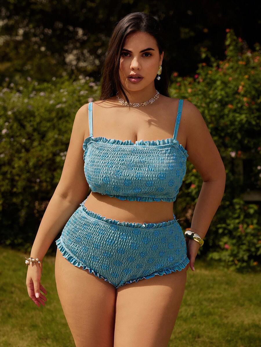 Swim Vcay 大码印花可拆卸肩带荷叶边抹胸式背心上衣和高腰荷叶边三角泳裤性感简约时尚沙滩度假女士泳装套装 - 彩色 - 查看 1