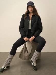 SHEIN With My Calm 女士秋冬连帽菱形绗缝轻薄羽绒服 - 黑色 - 查看 3