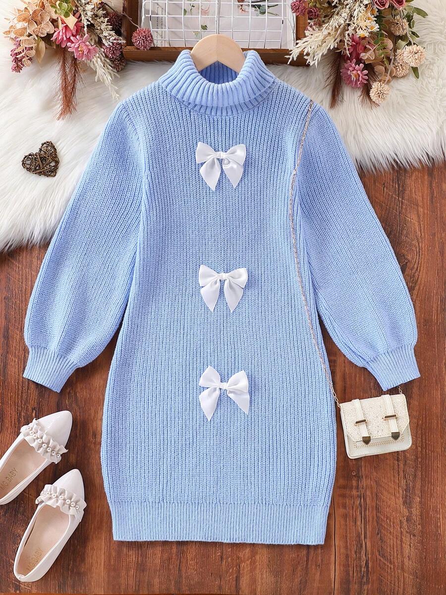 Vestido de suéter de punto con cuello alto y lazo para niñas preadolescentes - Azul - Ver 1
