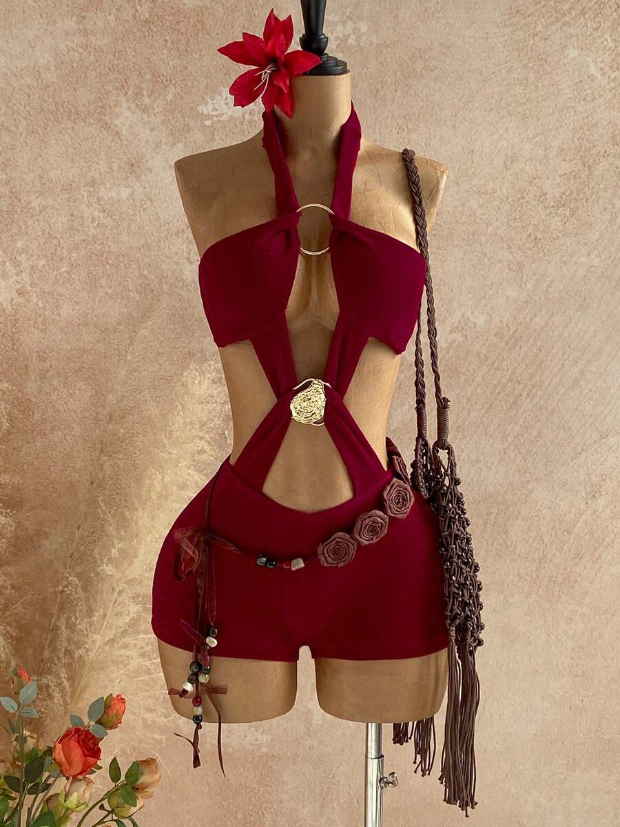 Soleia 新款休闲度假西部海滩婚礼宾客着装毕业早午餐女士服装圣帕特里克节春假复活节音乐节优雅波西米亚热带浪漫情人节圣诞节性感露背吊带酒红色金属镂空连体裤 - 酒紅色 - 查看 1