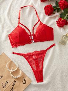 Esselle 2pcs Women Lace Spliced Front Button Halter Crop Top Set - Red - View 1