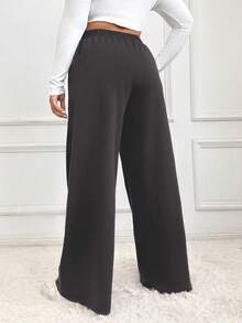 SHEIN EZwear 大码女式休闲抽绳腰宽松阔腿运动裤，纯色，适合日常通勤 - 深灰色 - 查看 2