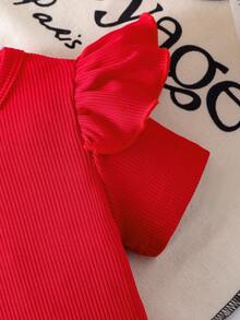 SHEIN Playful Pals 女婴针织短袖圆领T恤和百褶裙套装，时尚夏季女宝宝装扮 - 紅色 - 查看 5