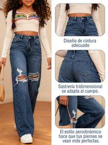 Vaqueros anchos rotos para mujer, con bolsillos, efecto desgastado, talla grande, sin elasticidad, vaqueros rectos de tiro alto, estilo retro moderno, ideales para uso diario, cómodos e informales, ideales para cualquier temporada - Azul - Ver 3