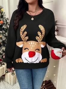 SHEIN VCAY Plus Size Christmas Cartoon Print Sweatshirt In Fall/Winter - Black - View 1