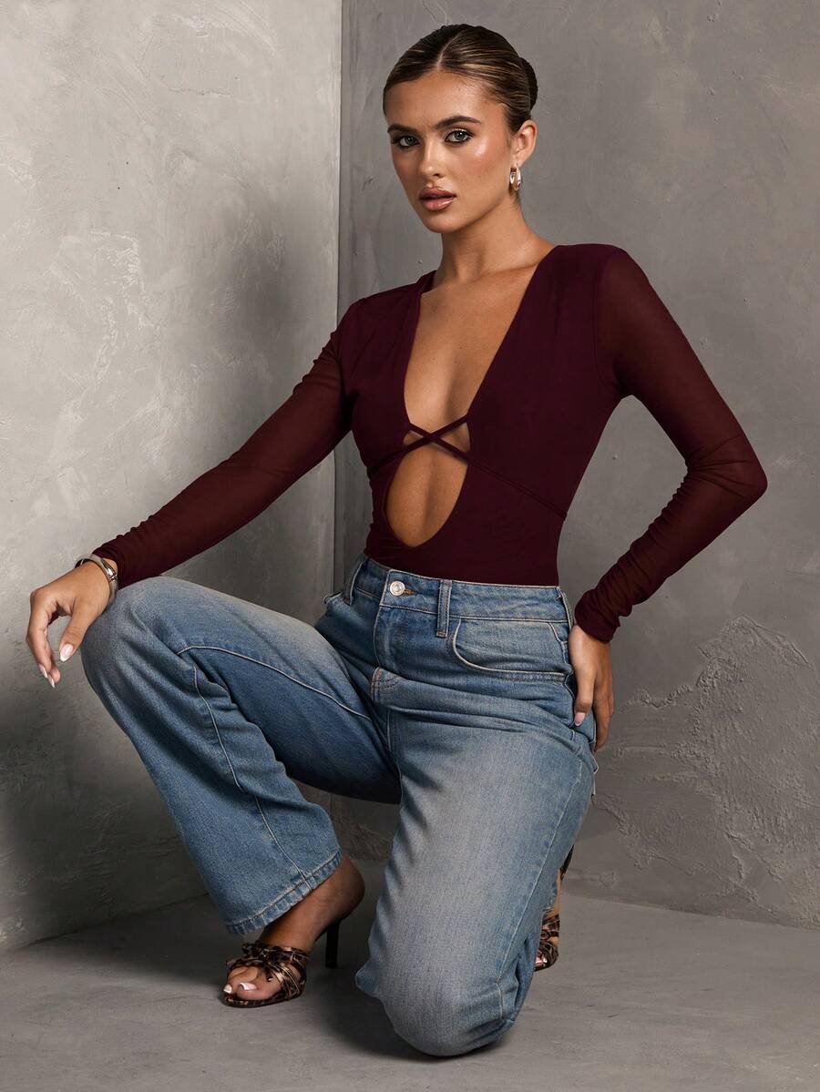 SHEIN BAE 女士纯色深V领网纱拼接长袖性感连体衣 - 紫紅色 - 查看 1