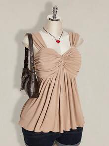 SHEIN ICON 大码女式黑色扭结前襟无袖娃娃衫针织上衣，Y2K风格，适合毕业典礼、返校季、夏季穿着 - 卡其色 - 查看 6