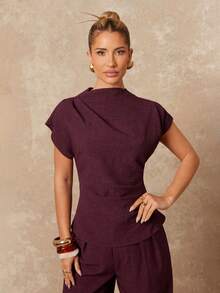 Lumalex Bộ đồ hai mảnh dành cho nữ, gồm áo ngắn tay xếp ly màu đỏ tía thanh lịch và quần ống rộng hai túi màu đỏ tía thanh lịch, thích hợp mặc hàng ngày vào mùa xuân/hè. - Màu tím - Xem 11