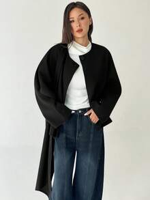 Aloruh New Vintage Navy Blue Coat, Scarf, Shawl, Poncho, Solid Color Short Overcoat, Suitable For Early Autumn To Deep Winter - Black - View 5