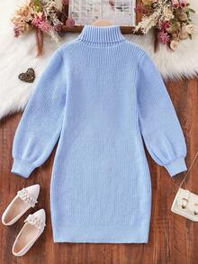 Vestido de suéter de punto con cuello alto y lazo para niñas preadolescentes - Azul - Ver 2