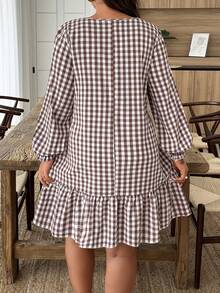 Weeklong 大码女式撞色格纹连衣裙，饰有3D立体花卉图案，秋冬款 - 彩色 - 查看 2