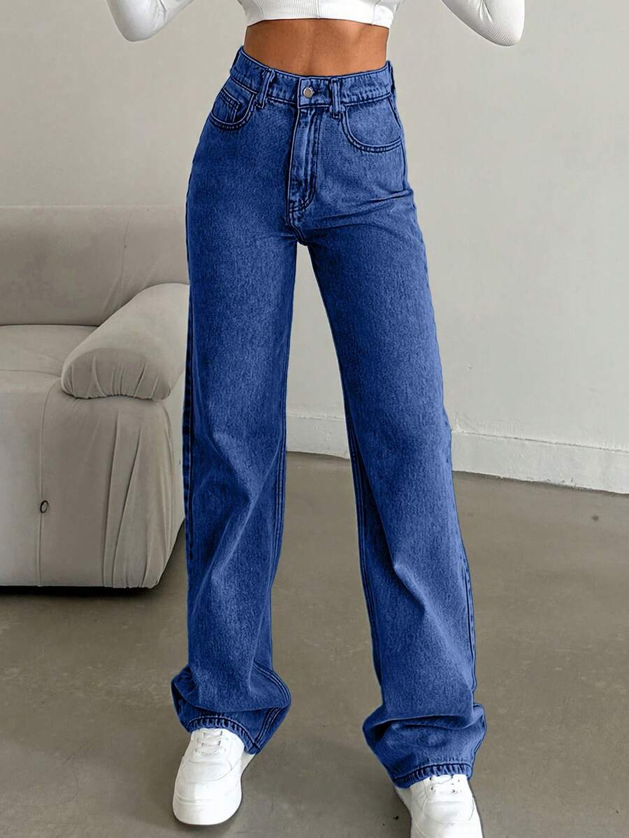 SHEIN Tall Snow Wash Straight Leg Jeans High Rise For Tall - Dark Wash - View 1