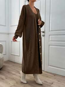 SHEIN Ponpon And Stone Button Detail Maxi Long Cardigan - Brown - View 8