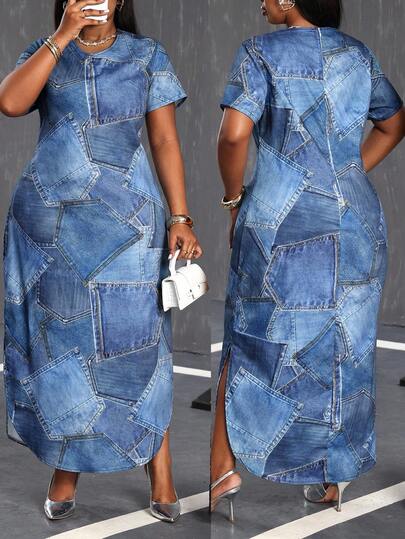 Slaydiva Plus Size Fashionable Side Slit Denim Midi Dress Women Denim Dresses Denim Maxi Dress For Curv Woman Blue Short Sleeve Denim Dress Curve Denim Dress Patchwork Denim Dress Women Denim Dresses Denim Dress For Curvy Woman Women Denim Dresses Curvy Women Denim Dress Elegant Women Dresses Party Women Dresses New Years