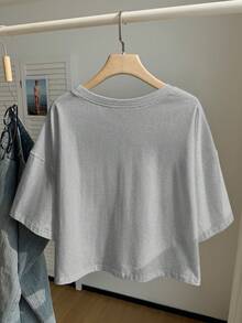 Comfortcana Light Gray Solid Color Dropped Shoulder Casual Plus Size T-Shirt - Light Grey - View 2