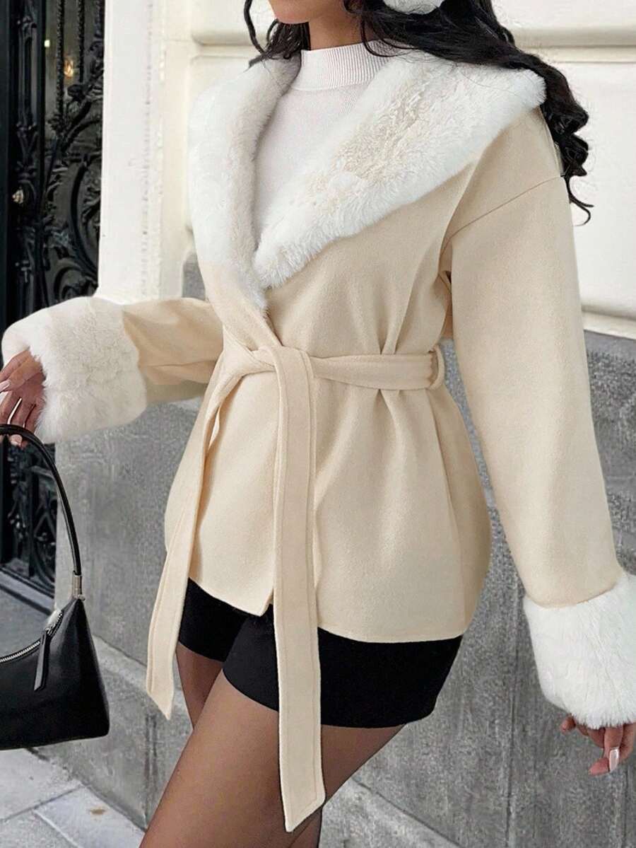 SHEIN EZwear 大码女式纯色毛领落肩长袖休闲外套,秋冬款 - 白色 - 查看 1