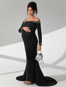 Cheriluna Maternity فستان أنيق للنساء بأكمام طويلة وياقة مكشوفة الكتف مزين باللؤلؤ - الأسود - مشاهدة 4