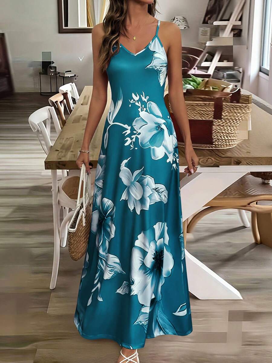 Breezaya Đầm Maxi họa tiết hoa nhiệt đới gợi cảm dành cho nữ - Màu xanh ngọc - Xem 1