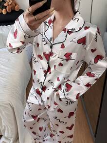 SHEIN 仿丝绸心形字母印花翻领长袖睡衣套装，冬季服装 - 白色 - 查看 1