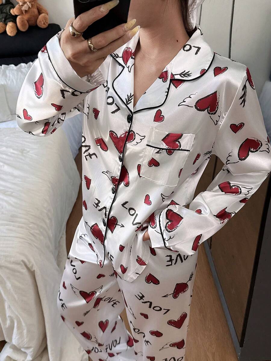 SHEIN 仿丝绸心形字母印花翻领长袖睡衣套装，冬季服装 - 白色 - 查看 1
