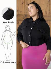 Truni Plus Size Women's Fashion Button Denim Jacket - Black - View 1