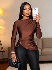 SOLERSUN 女士秋冬T恤，优雅气质，金属纽扣装饰，不规则褶裥下摆，高弹力面料，日常百搭优雅上衣，休闲百搭。 - 咖啡棕 - 查看 1