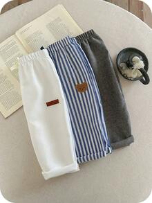 3pcs/Set Baby Boy Casual Versatile Striped Cartoon Pattern Elastic Waist Pants, Suitable For Birthday Party, Rave, Evening Party, Performance, Wedding, Baby's 1st Month, Christening, 1st Birthday Celebration, Wedding Guest, Baby Shower Christening Outfit Toddler Striped Pants Long Baby Pants For Boys Baby Boy Plain Pants Baby Boy Striped Pants