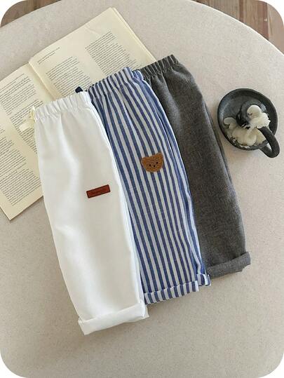 3pcs/Set Baby Boy Casual Versatile Striped Cartoon Pattern Elastic Waist Pants, Suitable For Birthday Party, Rave, Evening Party, Performance, Wedding, Baby's 1st Month, Christening, 1st Birthday Celebration, Wedding Guest, Baby Shower Christening Outfit Toddler Striped Pants Long Baby Pants For Boys Baby Boy Plain Pants Baby Boy Striped Pants