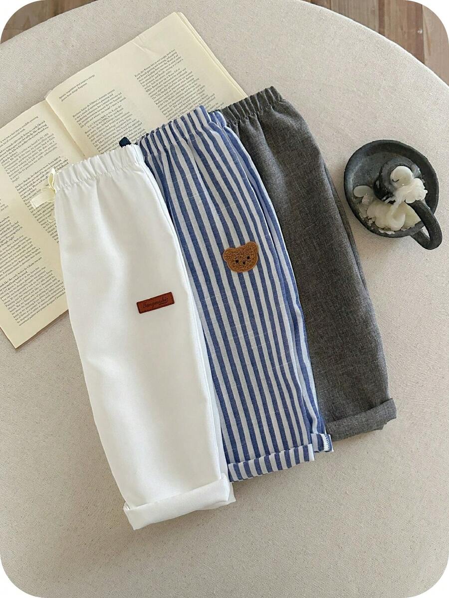 3pcs/Set Baby Boy Casual Versatile Striped Cartoon Pattern Elastic Waist Pants, Suitable For Birthday Party, Rave, Evening Party, Performance, Wedding, Baby's 1st Month, Christening, 1st Birthday Celebration, Wedding Guest, Baby Shower Christening Outfit Toddler Striped Pants Long Baby Pants For Boys Baby Boy Plain Pants Baby Boy Striped Pants