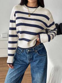 SHEIN PETITE Women's Stand Collar Black & White Striped Minimalist Sweater, Casual Daily Wear, Suitable For Petite Figures In Autumn/Winter - Navy Blue - View 1