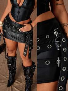 Rustia 大码哥特金属紧身性感暗黑织带迷你裙 - 黑色 - 查看 1