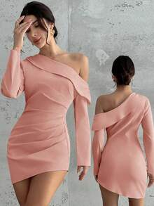 Firerie Vestido Curto de Manga Longa com Bainha Assimétrica Plissada Elegante Feminino, Estilo Chique Urbano para Ir e Vir e Encontros, Outono/Inverno - Rosa empoeirado - Visão 1