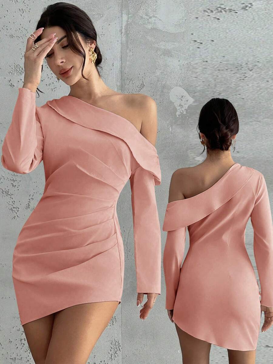 Firerie Vestido Curto de Manga Longa com Bainha Assimétrica Plissada Elegante Feminino, Estilo Chique Urbano para Ir e Vir e Encontros, Outono/Inverno - Rosa empoeirado - Visão 1