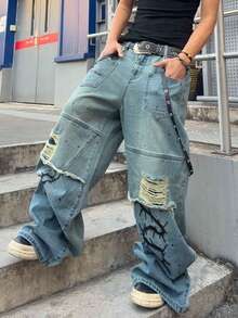 ROMWE MEN Anime 男士撞色破洞宽松休闲牛仔裤 - 淺藍色 - 查看 6