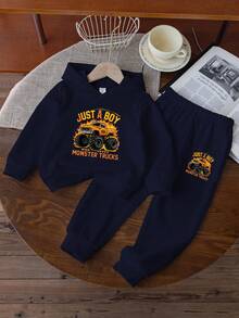 2 件装小男孩消防车图案连帽衫和运动裤套装