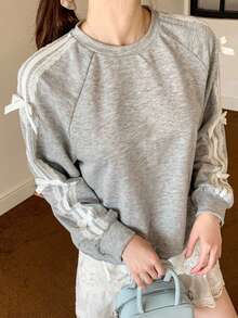 SHEIN Teen Girls Gray Round Neck Long Sleeve Sweatshirt With Bow And Ribbon Trim, Casual, Korean Style - Light Grey - View 5