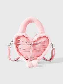 ROMWE Kawaii Women's Heart-Shaped Handbag, Fall/Winter Fuzzy Crossbody Bag - Pink - View 1