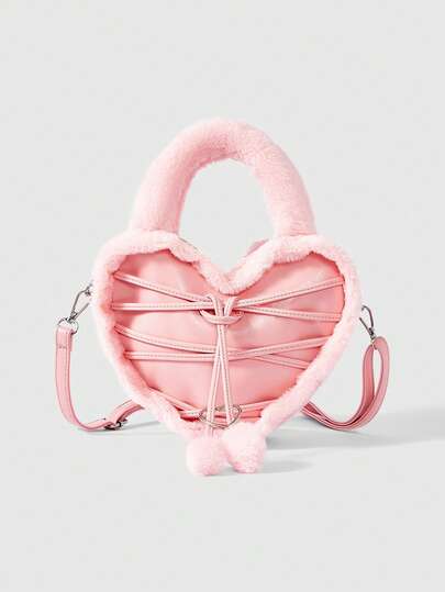 Kawaii Women's Heart-Shaped Handbag, Fall/Winter Fuzzy Crossbody Bag