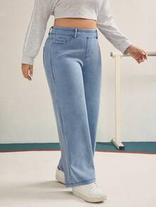 SHEIN Unity Celana Jeans Wanita Ukuran Besar Kasual untuk Liburan, Warna Biru Muda, Bahan Rajut Lembut, Tidak Melar, Potongan Lurus - Light Wash - View 3