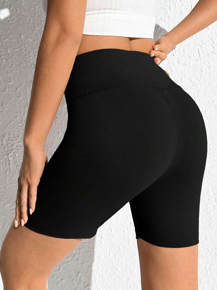 SHEIN EZwear 夏季純色收腹運動騎行短褲 - 黑色 - 查看 3