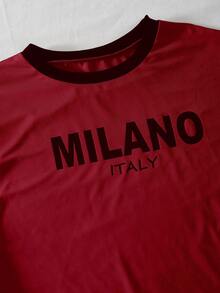 SHEIN Genkimix Kids 男童休闲运动日常宽松圆领短袖字母印花T恤和松紧腰宽松字母印花短裤套装（2件套），夏季篮球服 - 酒紅色 - 查看 3