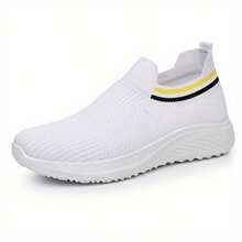 Zapatillas de verano casual para mujeres, zapatillas de correr de punta baja con suela de EVA, forro y parte superior de tela cómoda, calzado deportivo de color sólido ligero, zapatos de caminar ligeros|Zapatillas de deslizamiento|Zapatillas de tela cómoda - Blanco - Ver 2