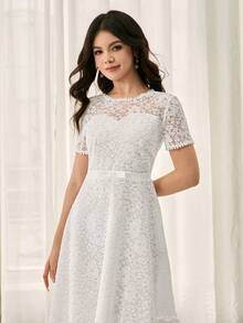 Teens' Round Neck Short Sleeve Cinching Waist Lace Patchwork Dress, Elegant & For Christmas Party