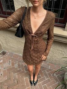 SHEIN Frenchy Women's Brown Textured Deep V-Neck Long Sleeve Short Dress Spring - Brown - View 1
