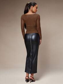 Silquee 女士优雅钥匙孔领褶皱修身衬衫，春、夏、秋季时尚之选 - 棕色 - 查看 6