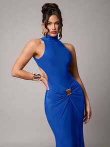 Silquee 女士优雅派对长袖性感高领露背连衣裙，金属扣装饰，酒红色/锚红色，弹力针织面料，适合鸡尾酒会、浪漫约会、秋冬针织连衣裙、派对、婚礼、伴娘、晚礼服、万圣节、圣诞节等场合。 - 寶藍色 - 查看 3