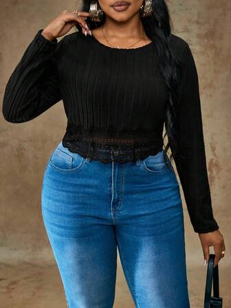 Truni 大码纯色蕾丝拼接圆领修身长袖T恤