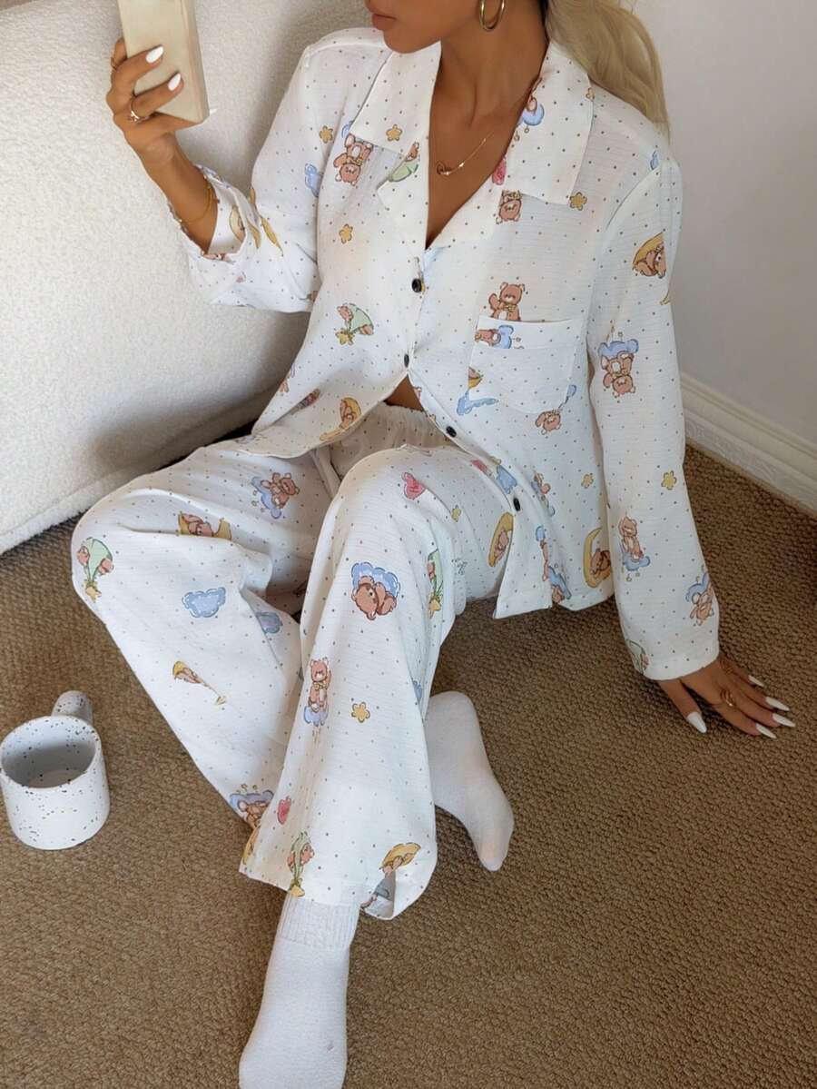SHEIN 女士可爱波点小熊印花长袖睡衣套装 - 白色 - 查看 1